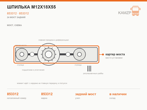 Шпилька М12х18х55, каталожный номер 853312