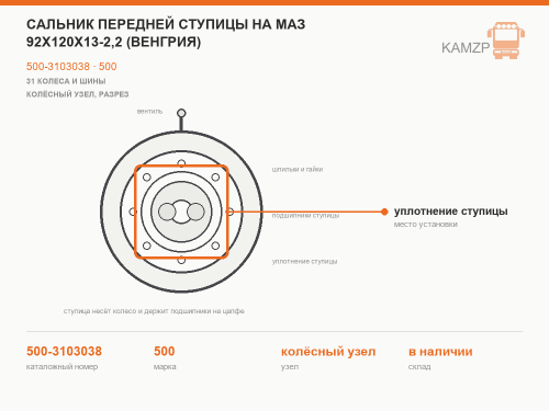Сальник передней ступицы на маз 92х120х13-2,2 (венгрия), каталожный номер 500-3103038