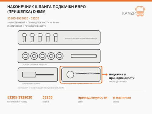 Наконечник шланга подкачки Евро (прищепка) d-6мм, каталожный номер 53205-3929020
