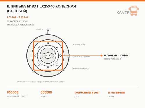 Шпилька М18х1,5х25х40 колесная (Белебей), каталожный номер 853308