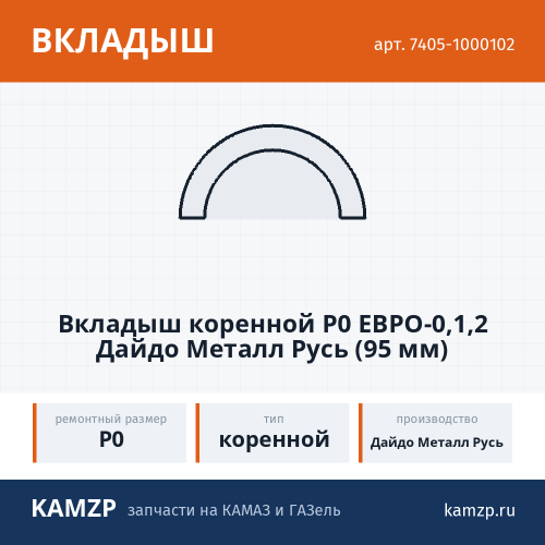 Вкладыш коренной р0 Евро-0,1,2 Дайдо Металл Русь (95 мм), каталожный номер 7405-1000102