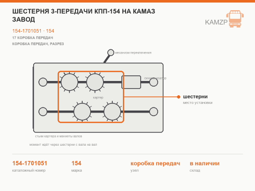 Шестерня 3-передачи КПП-154 на КАМАЗ завод, каталожный номер 154-1701051