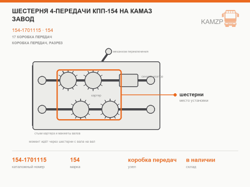 Шестерня 4-передачи КПП-154 на КАМАЗ завод, каталожный номер 154-1701115