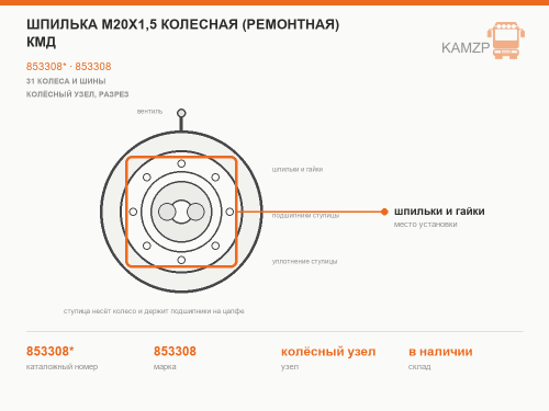 Шпилька м20х1,5 колесная (ремонтная) КМД, каталожный номер 853308*