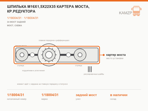 Шпилька М16х1,5х22х35 картера моста, кр.редуктора, каталожный номер 1/18004/31